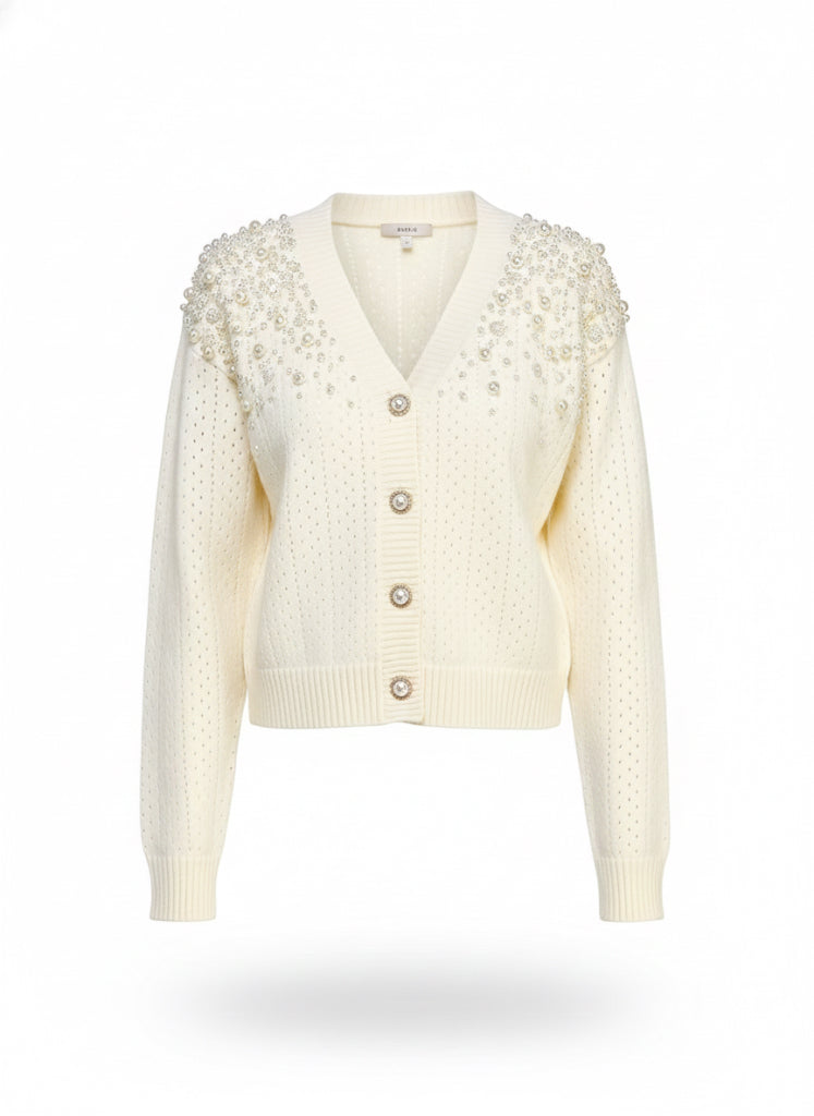 Pearl Studded Eyelet Knit Cardigan