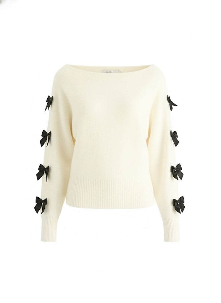 Jenny Cream Slash Neck Crop Bow Knit