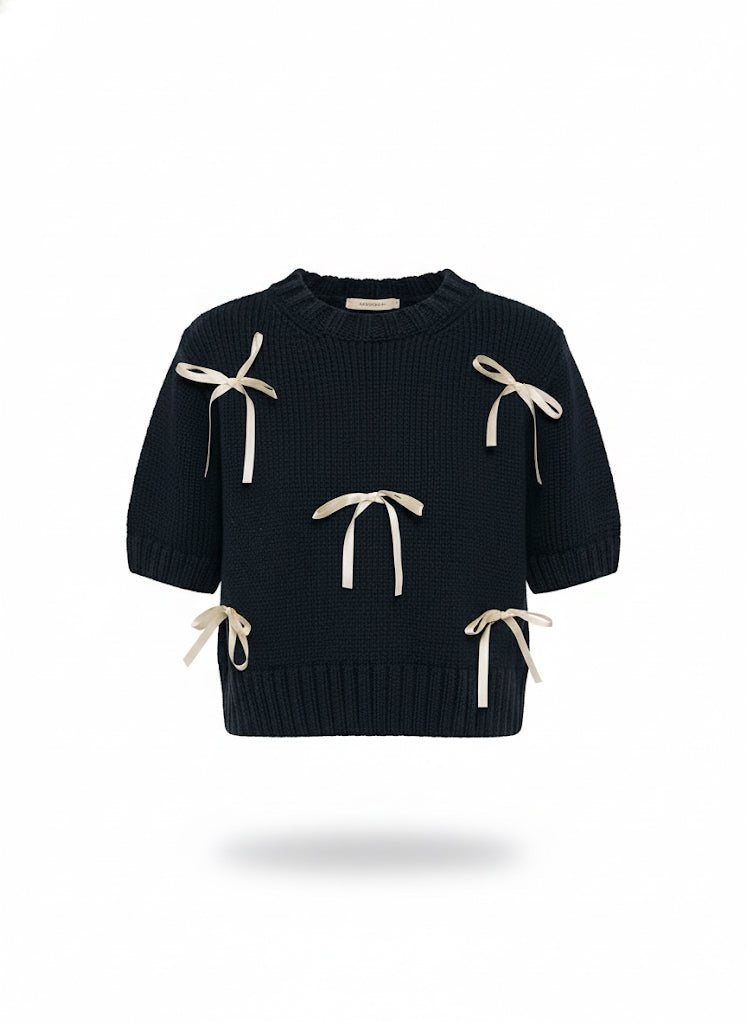 Navy Blue Sweater with Ribbon Accents