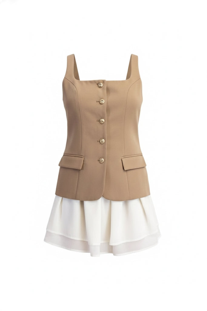 Nina Square Neck Button Down Mixed Woven Mini Dress