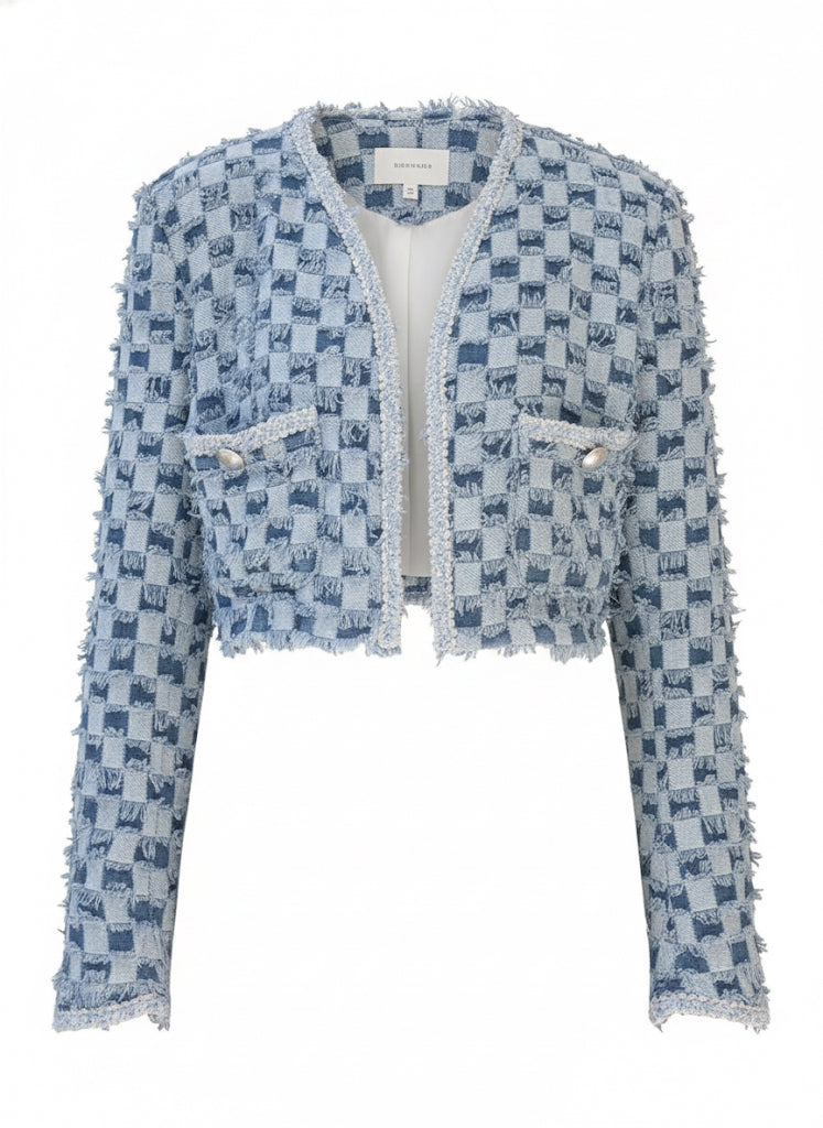 Fringe Textured Blue Cropped Jacket