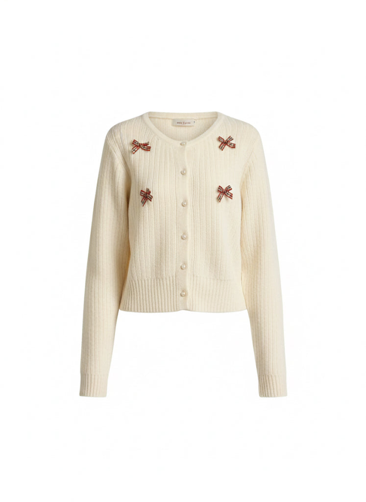 Plaid Bow Embellished Knit Cardigan